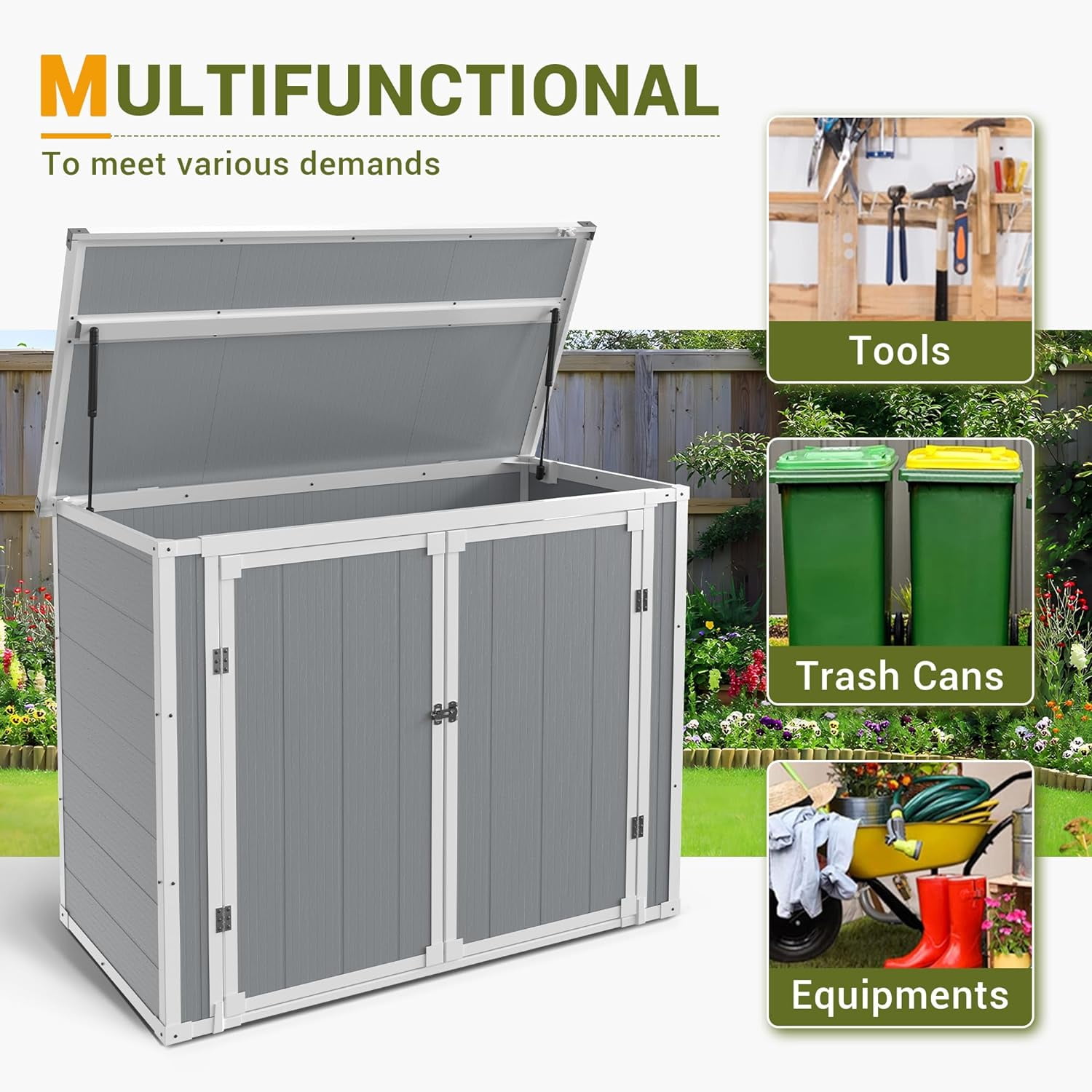 Seizeen Shed and Outdoor Storage, 41 Cu.Ft Small Outdoor Resin Shed with 3 Doors & Floor, 306GAL Deck Box Waterproof Plastic Tool Storage Shed for Cushion Lawn Mower Garbage Cans
