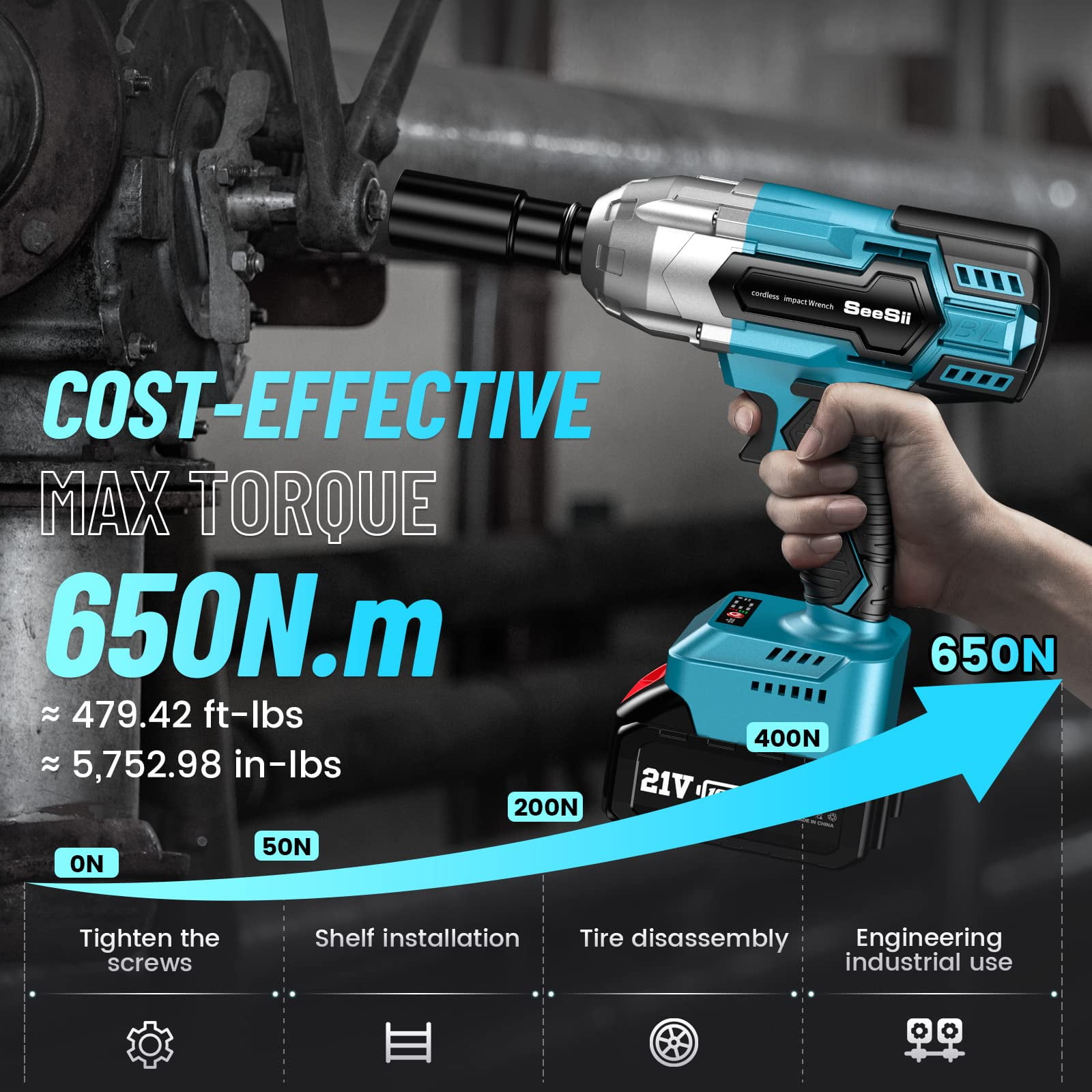 Seesii 650Nm Cordless Impact Wrench 1/2 inch, 480Ft-lbs Impact Gun Screwdriver, 3300RPM Powered Impact Driver w/ 2x 4.0Ah Batteries, 6 Sockets, 8 Drills & 6 Screws for Automotive Repair, WH700