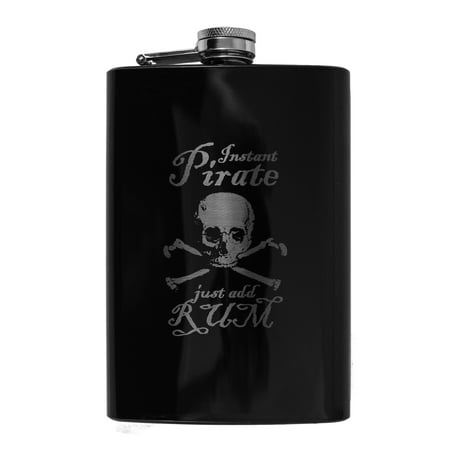 Hip Flask Plus Stainless Steel 8oz Black Flask - Instant Pirate Just Add Rum