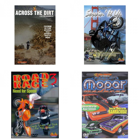 Auto, Truck & Cycle Extreme Stunts & Crashes 4 Pack DVD Bundle: Across the Dirt: A Dirt Bike Documentary, Servin It Up, Road Rage Vol. 3 - Need for Speed, Mopar Madness