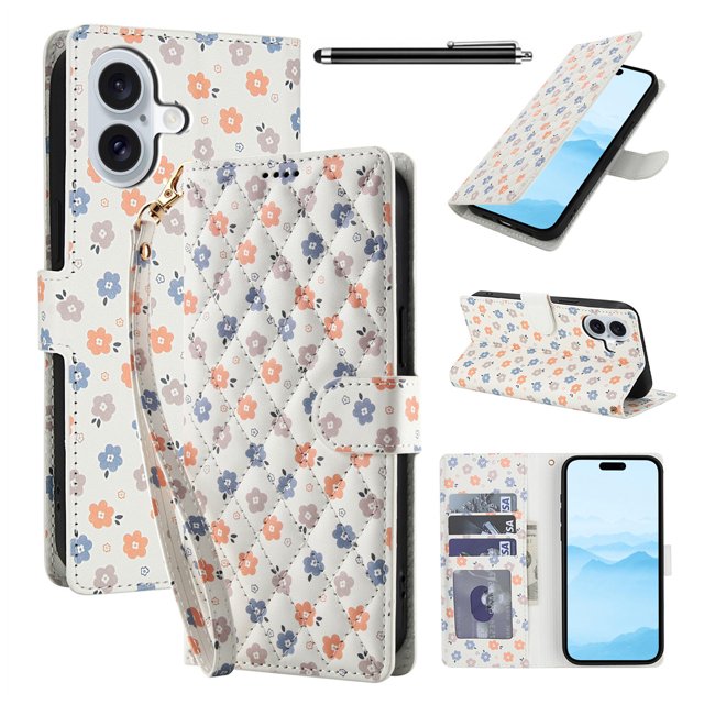 Wallet Case for iPhone 16 Plus , PU Leather Phone Cover Kickstand RFID Blocking Flip Case Card Slots Wrist Strap Relief Engraved Pattern Magnetic With Stylus Pen, Colorful Flower