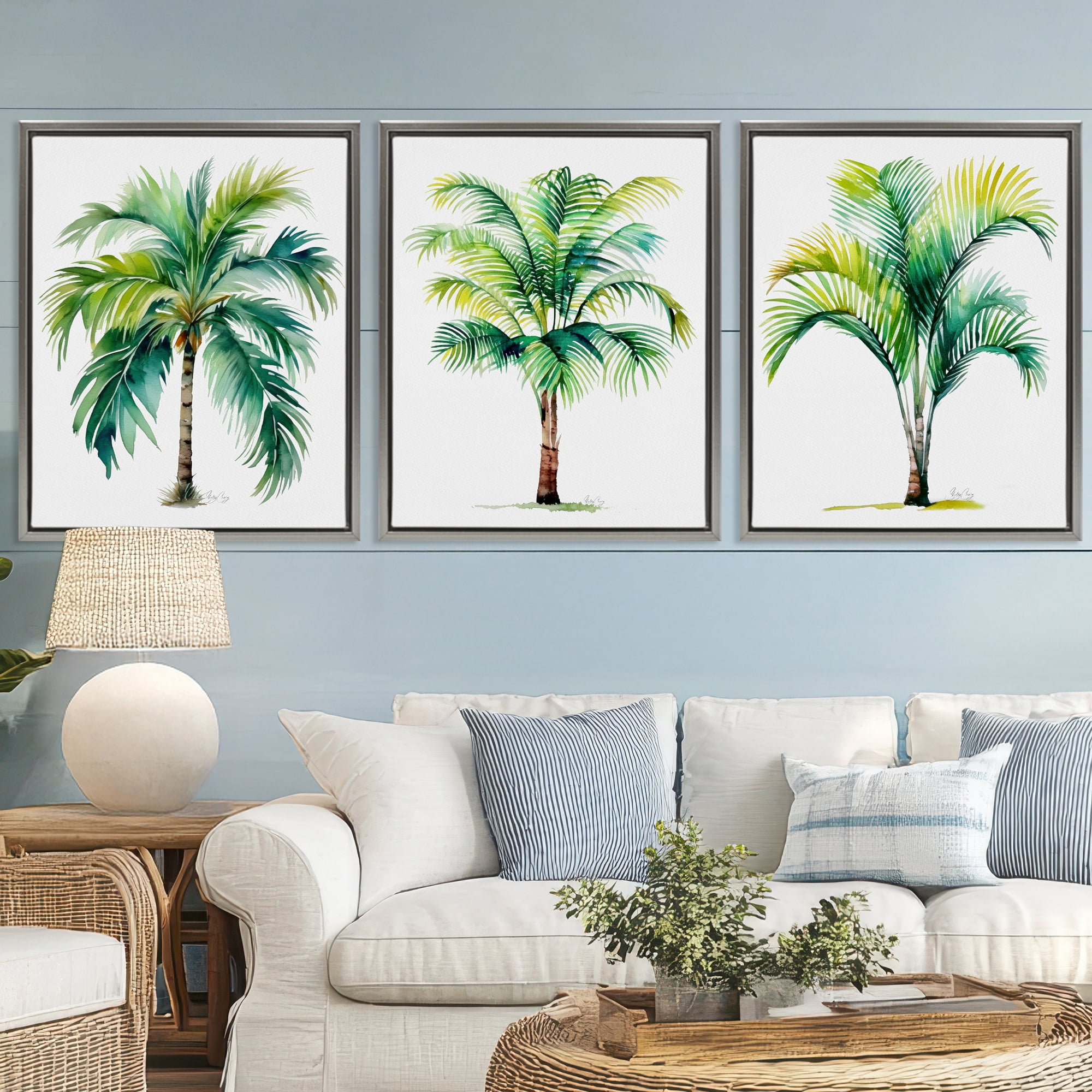 Stupell Industries Exotic Lagoon Palms 3 Piece Gray Framed Floater Canvas Set, design by Shelly Craig