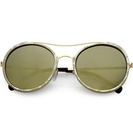 Polarized Gold Mirror - Women's Metal Crossbar Round Sunglasses Polarized Lens 56mm (Creme / Gold Mirror)