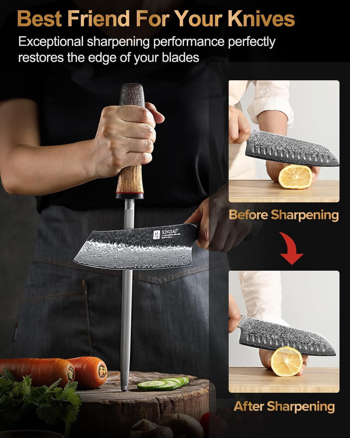 9.1 Inch Knife Sharpener Rod, High-Carbon Steel Hard  Plating Honing Rod For Various Kitchen Knives Grinding, Pruning Shears With White Oak + Red G10 Gasket Handle