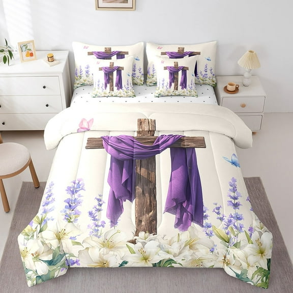 Erosebridal Christian Cross Print Bedding Sets Twin Size, Purple Flowers Comforter Sets with Sheets, Easter Decor, 7pcs
