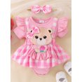 thumbnail image 2 of aturustex Toddler Baby Girls 2Pcs Plaid Rompers Outfits 0 3M 6M 9M 12M 18M Infant Newborn Ruffle Short Sleeve Bodysuits Bear Patch Fake Two-Piece Rompl Daily Summer Clothes for Holiday Party, 2 of 7