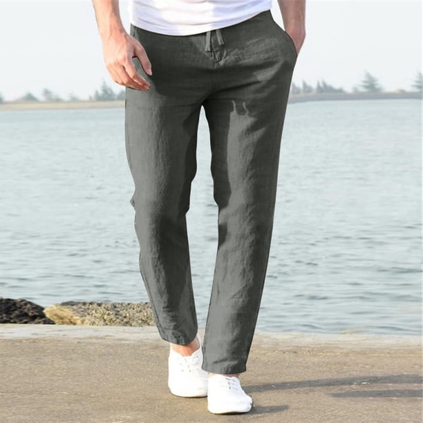 Pantalones largos para hombre, informales, de lino, con cordón, bolsillos, cinturón elástico, rectos, lisos.