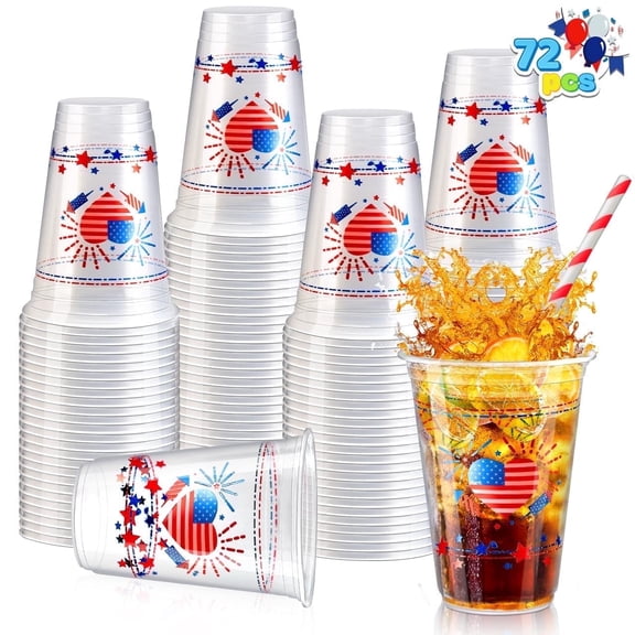 Joyfy 72 Pcs 16 oz Patriotic Plastic Cups, Clear Disposable Cups with Red and Blue Stars for Independence Day Parties