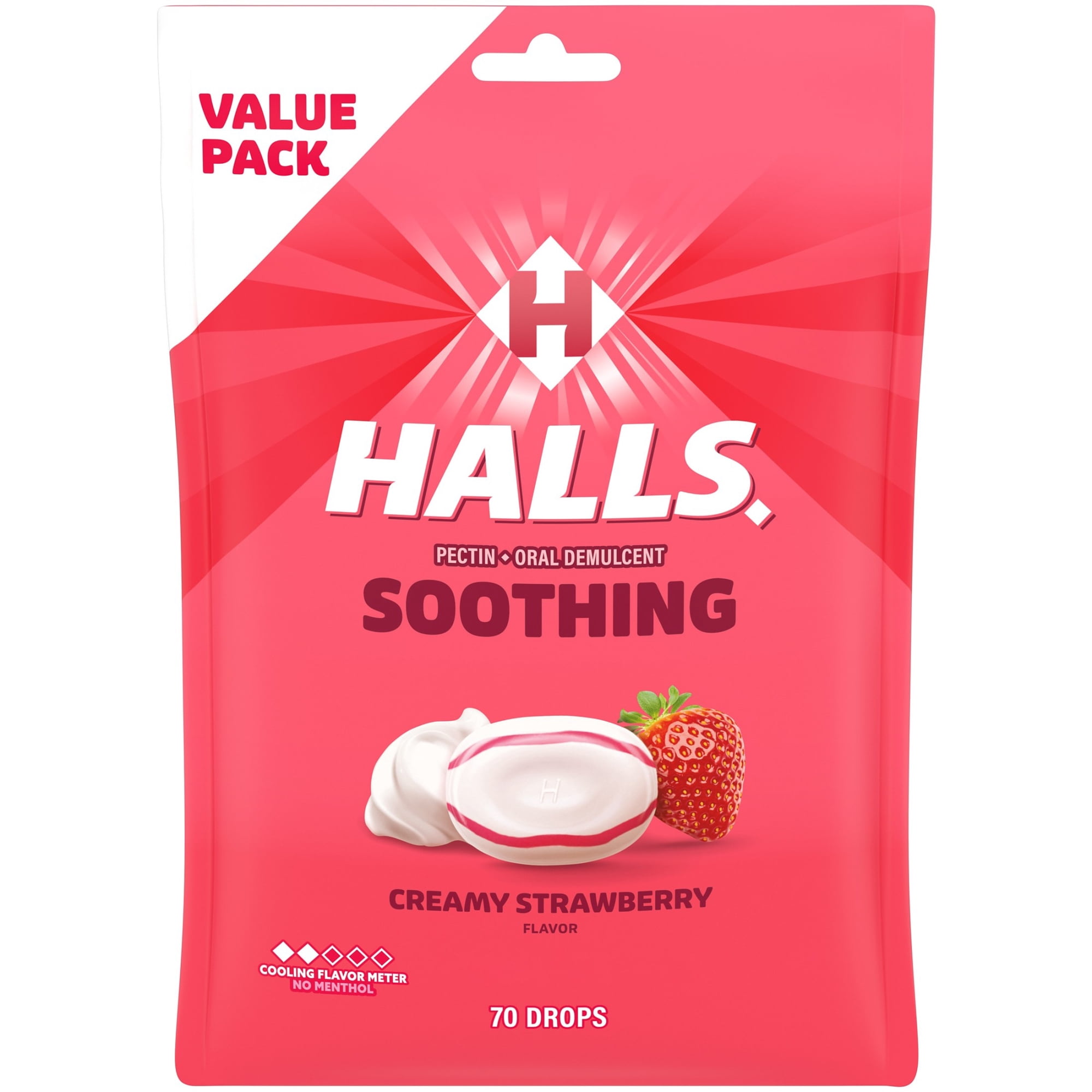 HALLS Throat Soothing Creamy Strawberry Throat Drops, Economy Pack, 70 Drops