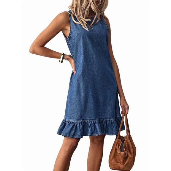 Women's Denim Sleeveless Mini Dresses Crew Neck Tank Ruffled Sundresses Dress for Beach Summer Blue S