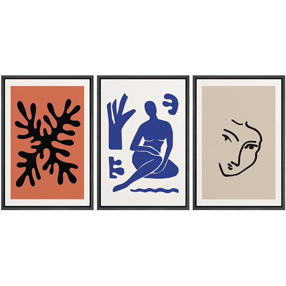 PixonSign Framed Canvas Print Wall Art Set Matisse Colorful Plant Dancer Variety Abstract Shapes Illustrations Modern Art Minimalism Decorative for Living Room, Bedroom, Office - 16"x24"x3 Black
