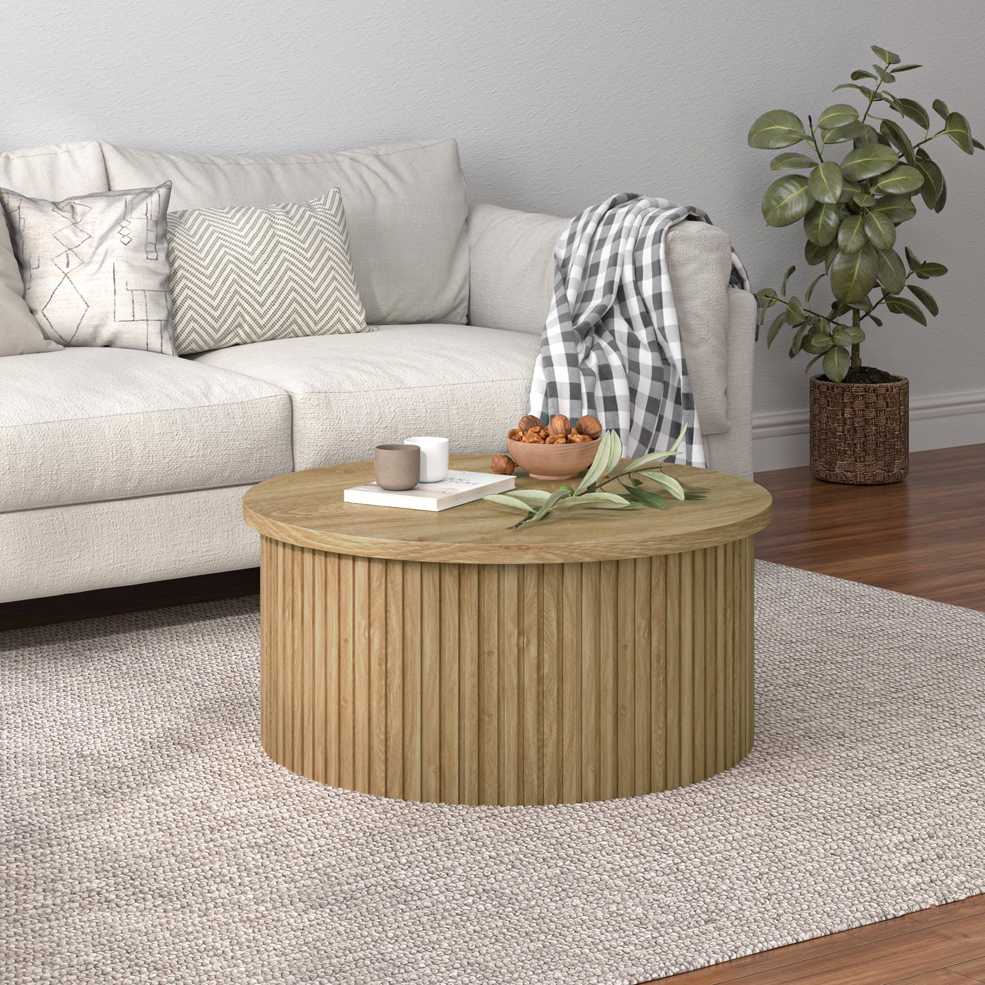 Round Lift Top Coffee Table with Storage Farmhouse Center Table with Hidden Compartment Circle Sofa Table for Living Room Wood