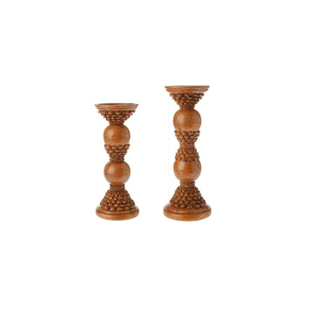 Raz Set of 2 Country Rustic Brown Pine Cone Pillar Candle Holders