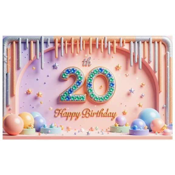 Floral Design Happy Birthday Banner Milestone Celebration Decorative 20th Birthday Party Backdrop for Indoor Party Outdoor Celebration Event Decor