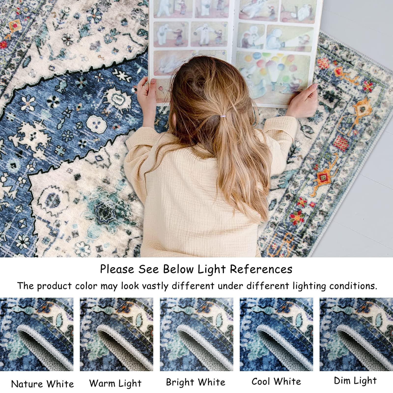 Wonnitar Boho Tribal 5'x7' Area Rug for Living Room, Washable Rug for Bedroom Vintage Coastal Accent Rug for Dinning Room Office Non Ship Low Pile Stain Resistant, Blue
