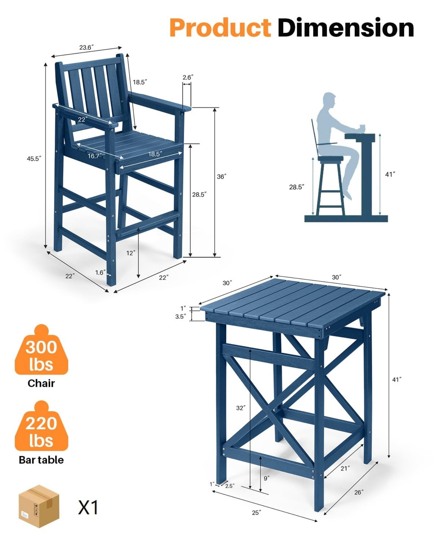 3-Piece Adirondack Bar Table Set, HDPE Outdoor Bar Height Chairs and Table Set, All Weather Patio Bar Furniture for Balcony, Porch, Garden, Poolside, Navy