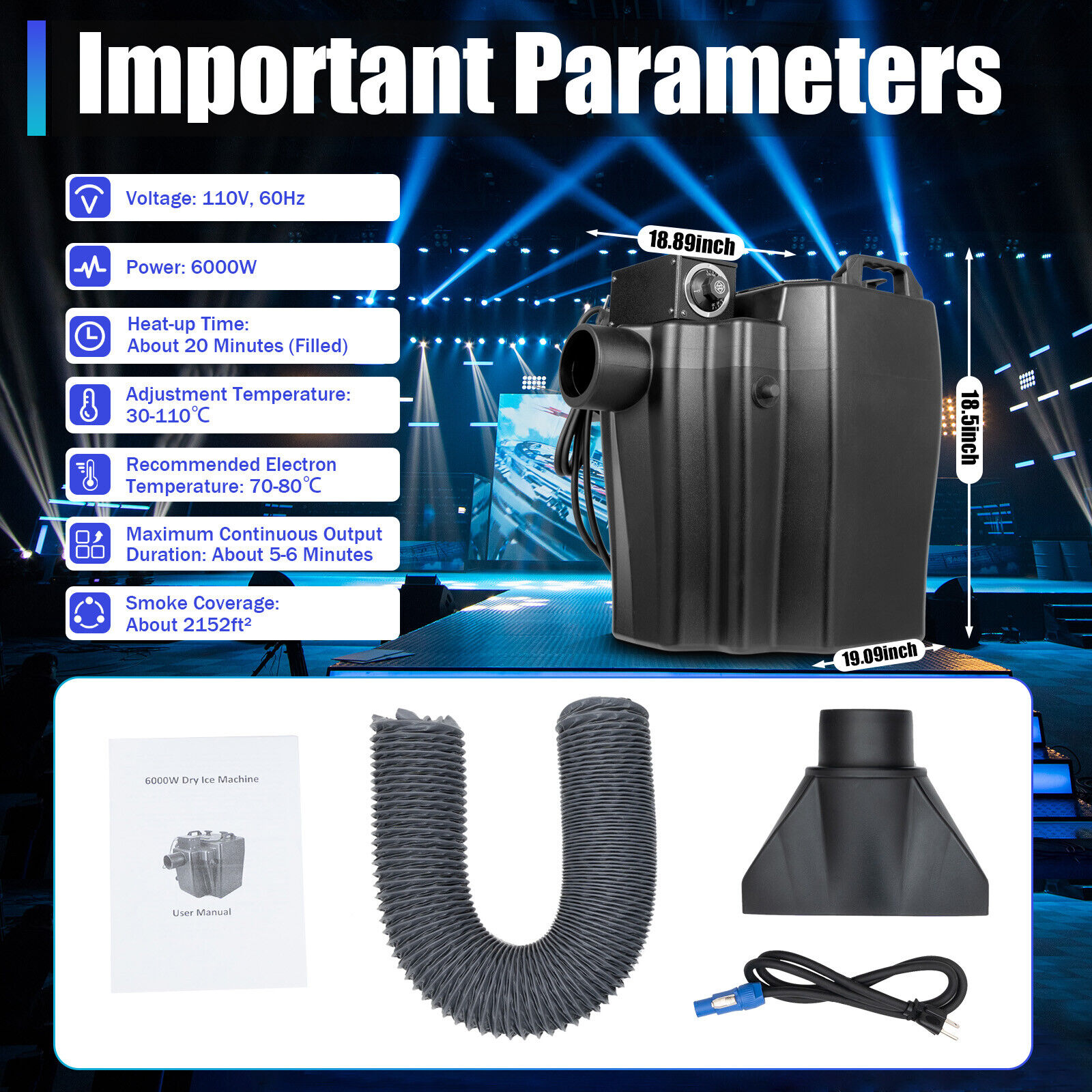 110V 60Hz 6000W Black Dry Ice Machine Dry Ice Machine 18.89*19.09*18.5inch for Large Stage Performances, Parties, Celebrations, Bars
