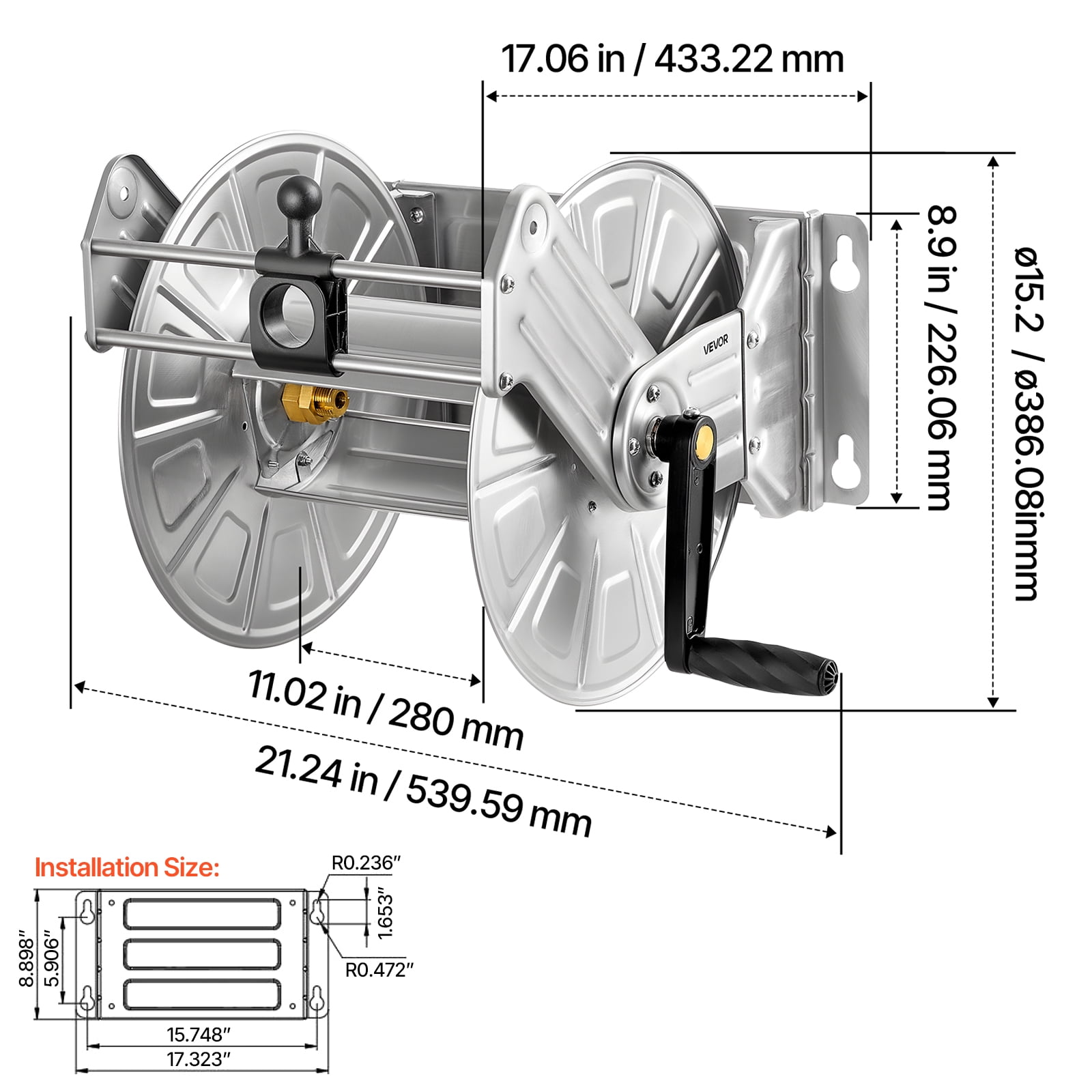 VEVOR Wall Mounted Garden Hose Reel, Holds 150 ft 5/8-inch Water Hose Winder, Heavy-Duty Stainless Steel, Outdoor Manual Reel with Brass Fitting & Hose Guide, Space Saving, for Yard Lawn Garage