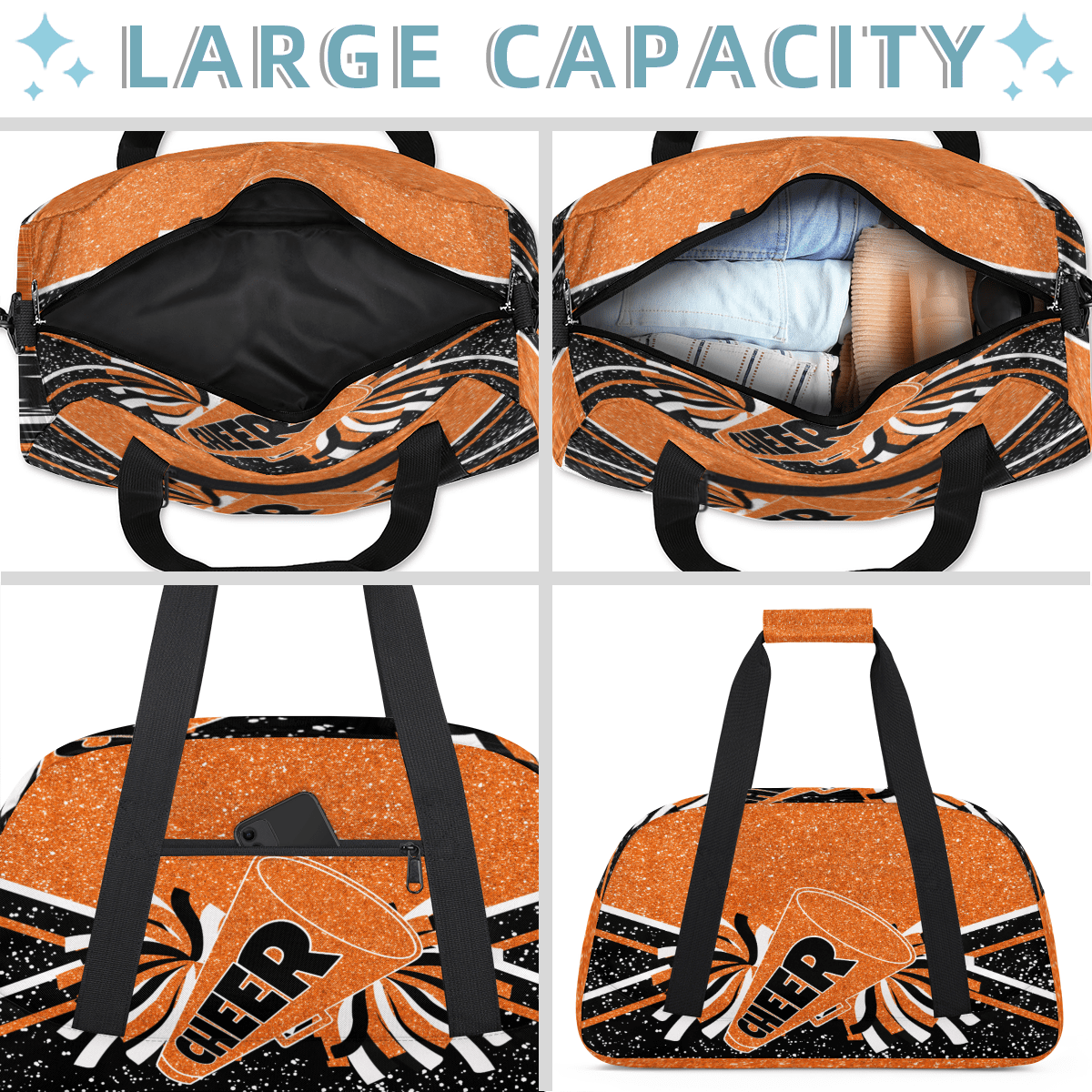 Herdesigns Cheer Bags Overnight Duffel Bags Cheerleading Orange Black Sport Gym Bag Travel Bag Travel Waterproof Weekender Bag Carry On Travel Tote Bag Dance Bags
