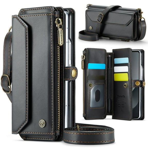 ShieldPlus for Samsung Galaxy Z Fold 3 Case with Stylus Pen, Women Men Multi-Function Wallet Case with Stand RFID Blocking Magnetic Closure Zipper S Pen Holder Shoulder Strap Wrist Strap,Black