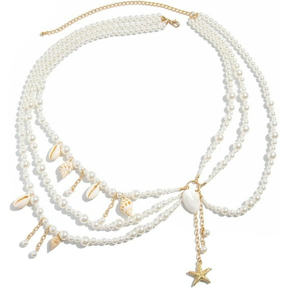 Pearl Belly Chain Layered Waist Body Chains Mermaid Beach Conch Starfish Bikini Belly Jewelry Fashion Beach Rave Party Club Body Accessories Jewelry for Women, 29.5-37.4 In