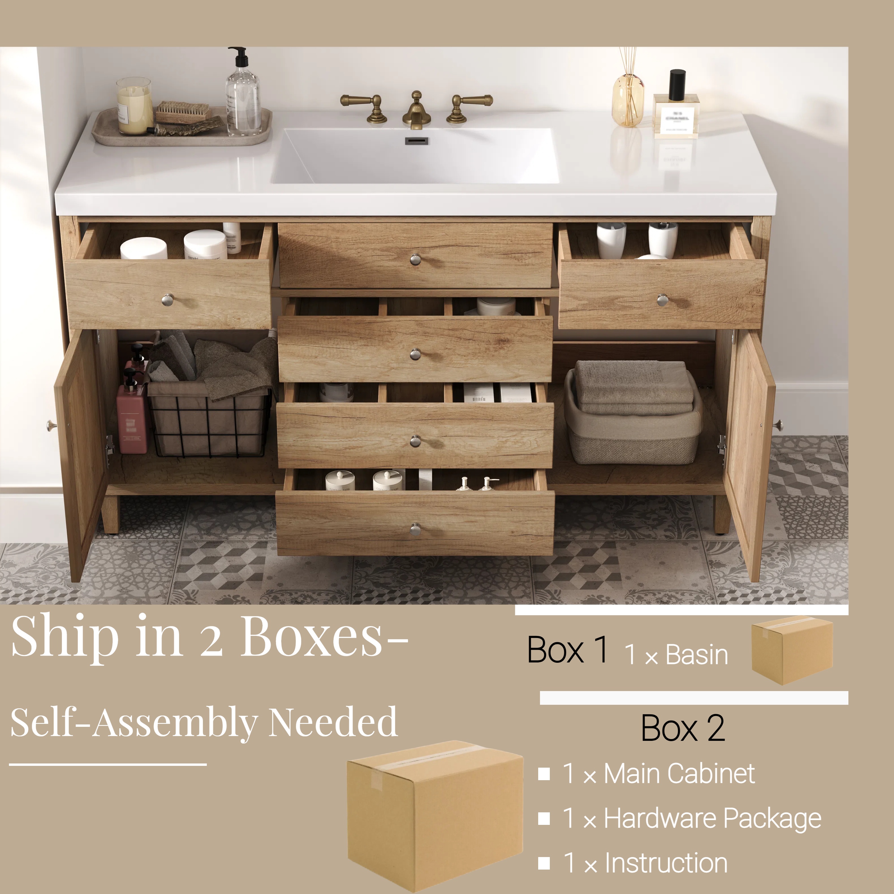 Euroco 60" Bathroom Vanity with SMC Sink, Modern Large Storage Bathroom Storage Cabinet with Soft Close Drawers and Rattan Doors, Silver Metal Knobs and 5 Pine Legs, Natural