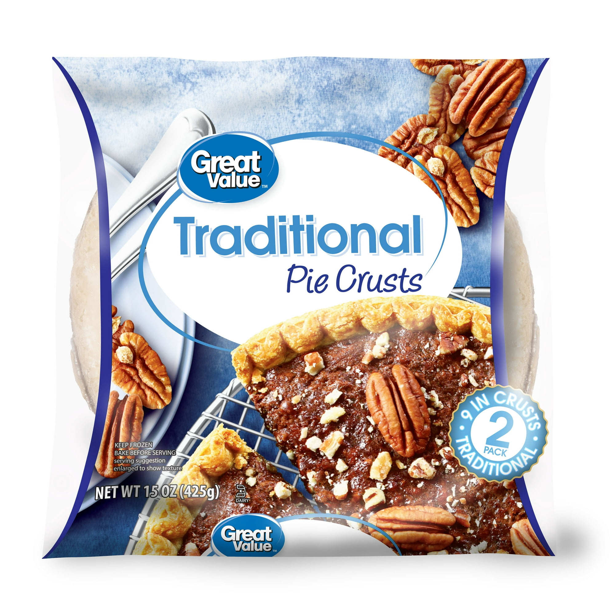 Great Value Frozen Traditional Pie Crusts, Two 9-inch Pie Crust & Pans, 15 oz