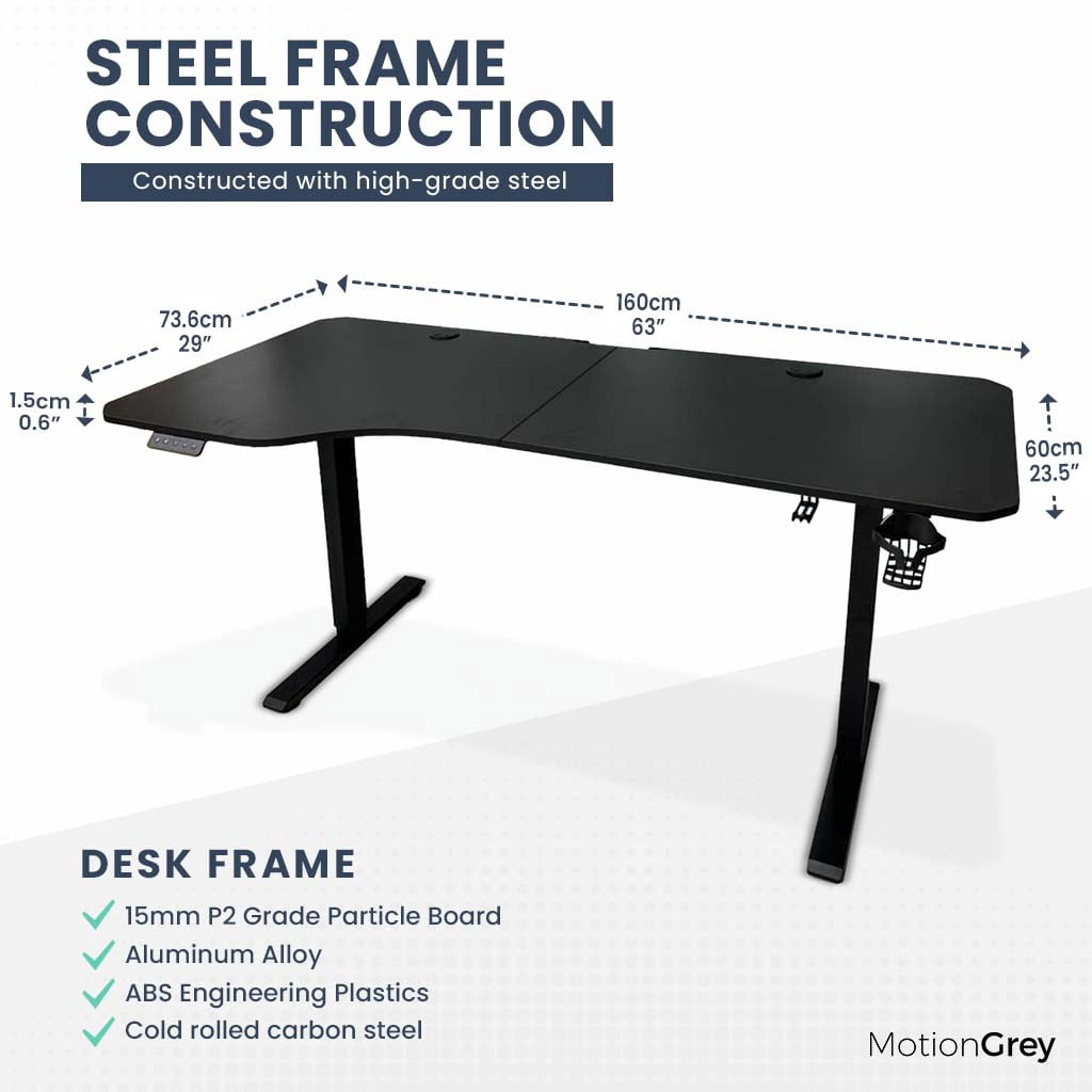 MotionGrey - Height Adjustable L Shaped Standing Desk, Motorized Frame - Left Table Top (White, 63"x29")
