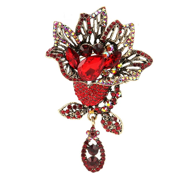 Broche de flores para mujer, broche Retro elegante y exquisito de aleación con diamantes de imitación rojos para fiesta de banquete de boda