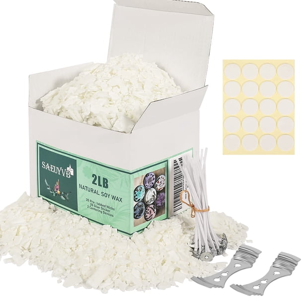 SAEUYVB Cera de vela de soja natural y cera de vela de soja para hacer velas – 2 libras de cera de soja para hacer velas Cera de vela de soja premium. 20 mechas de vela, 20 pegatinas de mecha y 2 disp