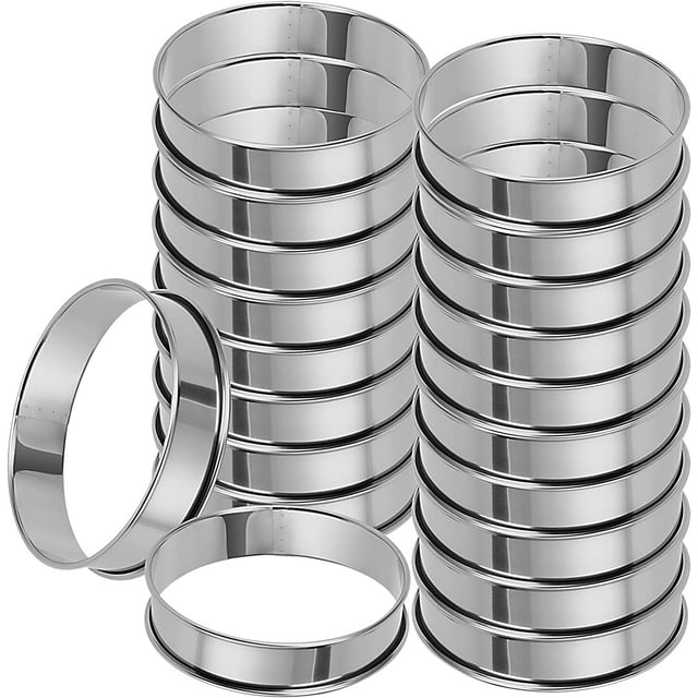 MUKLEI 20 Pack 4 Inch English Muffin Rings, Double Rolled Tart Ring, Stainless Steel Crumpet Rings Nonstick Metal Round Ring Pastry Mold for Baking, Silver