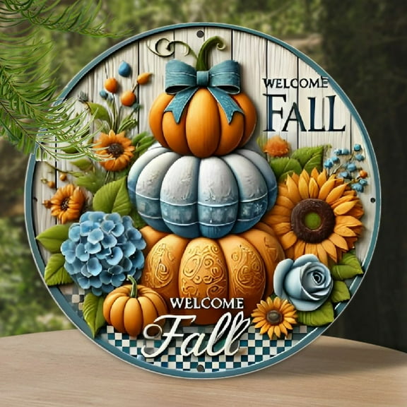 Set of 1 Fall Themed Aluminum Metal Sign with 2D Flat Print - Welcome Fall Round Pumpkin Wreath Centerpiece Sign for Seasonal Decor
