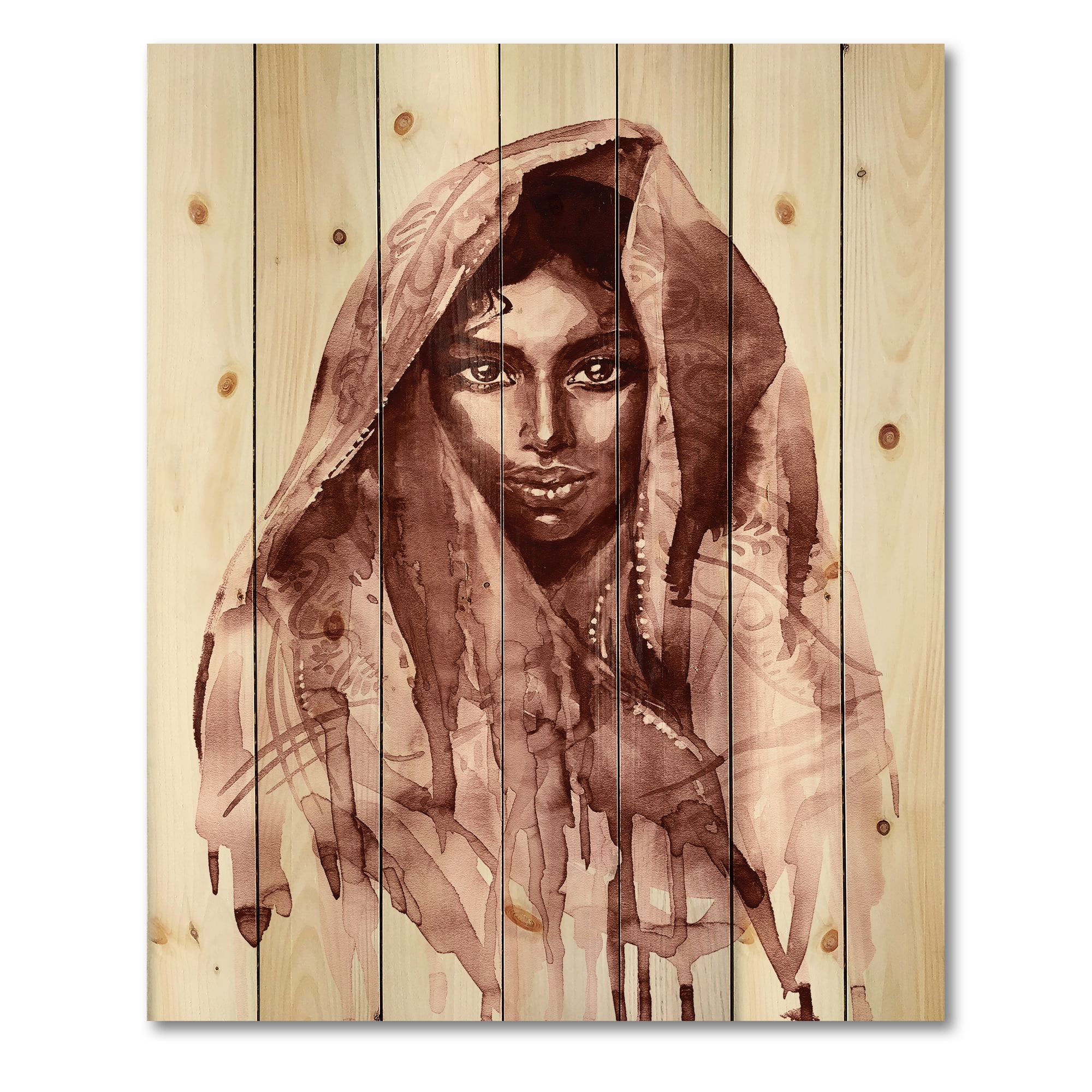 Designart 'Black and White Portrait of Young Indian Woman II' Modern Print on Natural Pine Wood