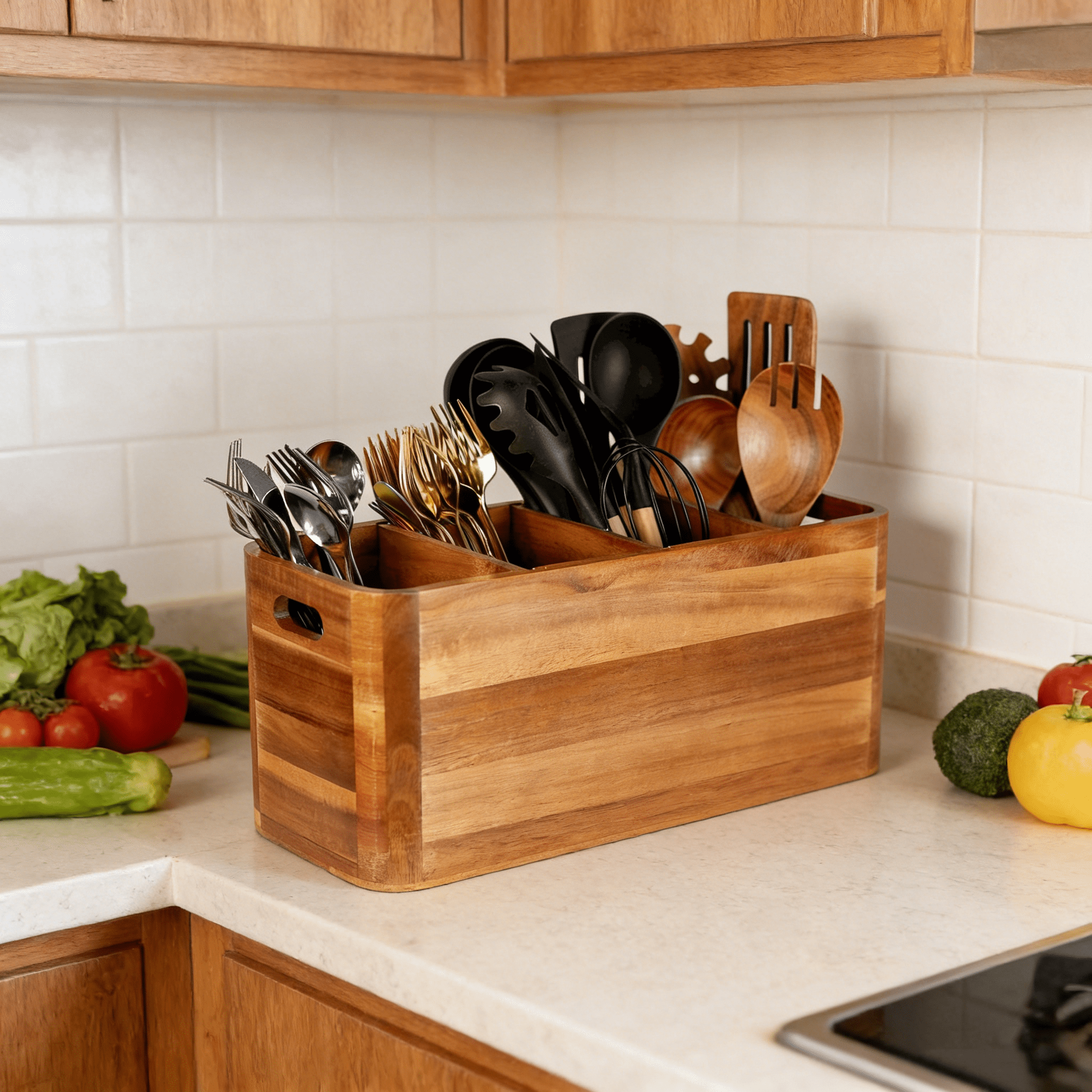 Wooden Utensil Holder for Counter or Countertop, Large Wooden Utensil Holder for Storage Cooking and Silverware with 4 Compartment, Acacia Rustic Wood Container Extra Large