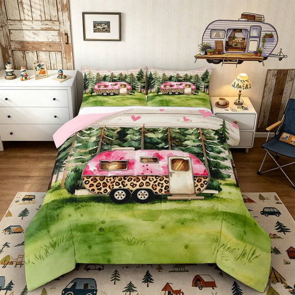 Castle Fairy Leopard Print Camper Full Size Comforter Sets 3 Pieces for Kids, Forest Art Bedding Sets for Bedroom, Pink Green,Pink Reversible