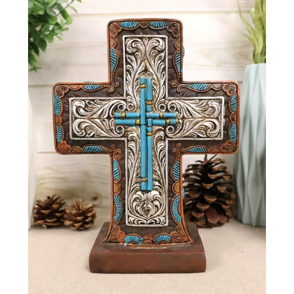 Rustic Western Silver Floral Scrollwork And Blue Turquoise Standing Cross Plaque