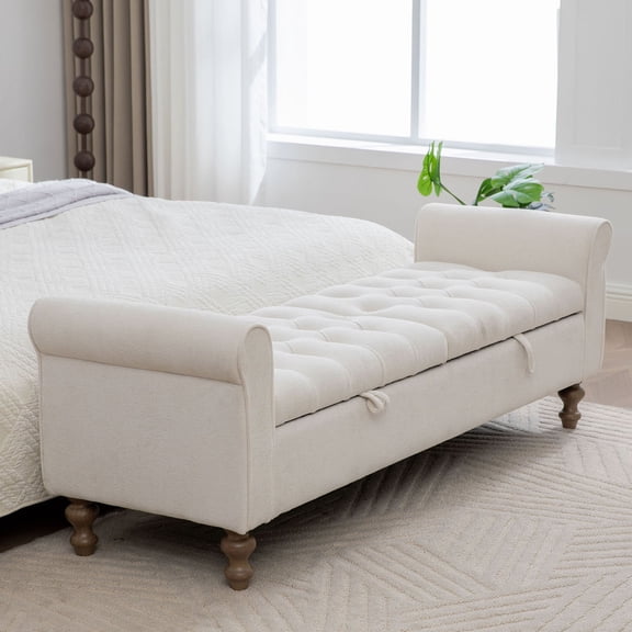 S-HOME Minimalist Large Storage Bench With Rolled Armrest In Napped Fabric 65.75", Versatile Daybed With Rubberwood Legs, For Bedroom And Dormitory, Beige