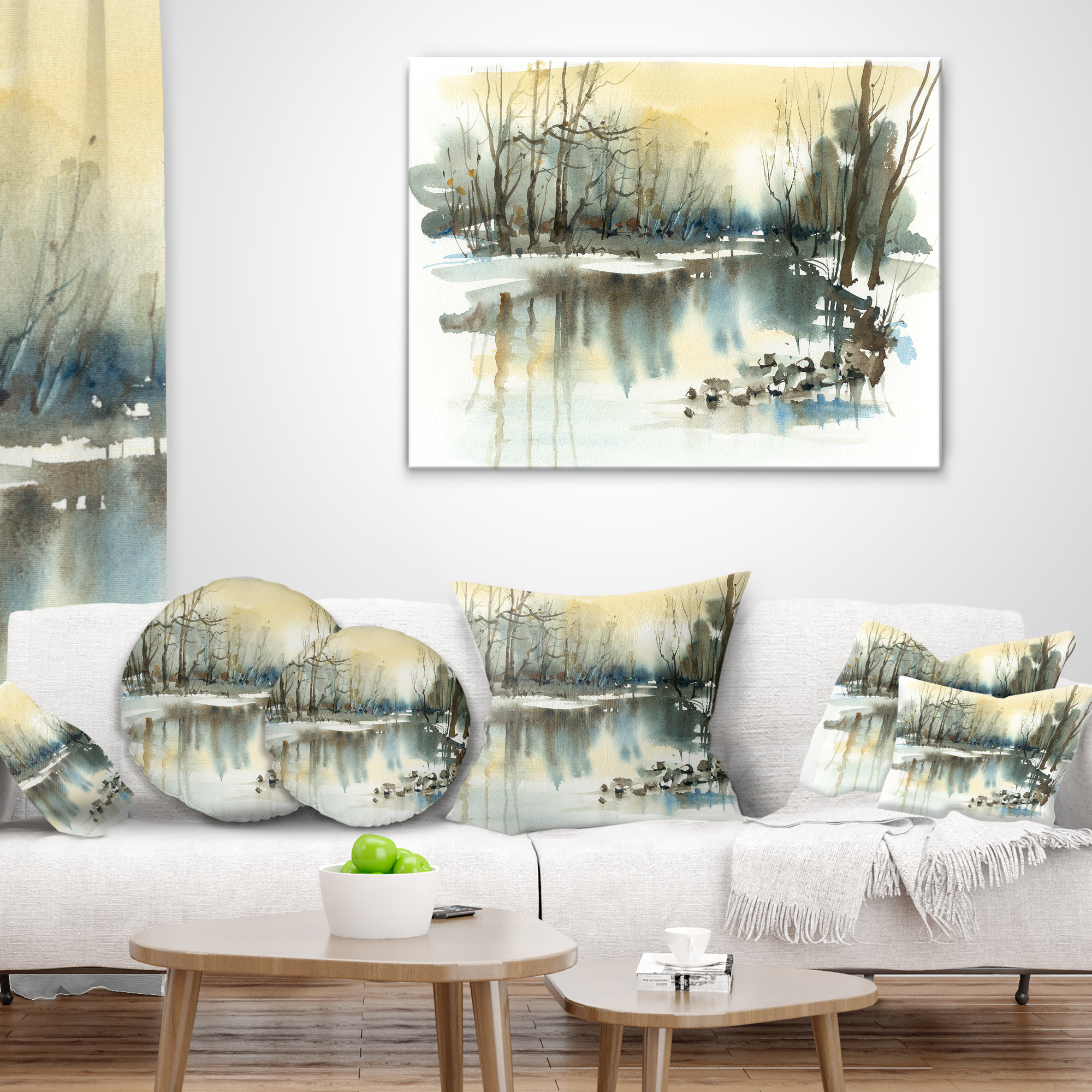 Designart River in Winter - Landscape Painting Throw Pillow - 16x16