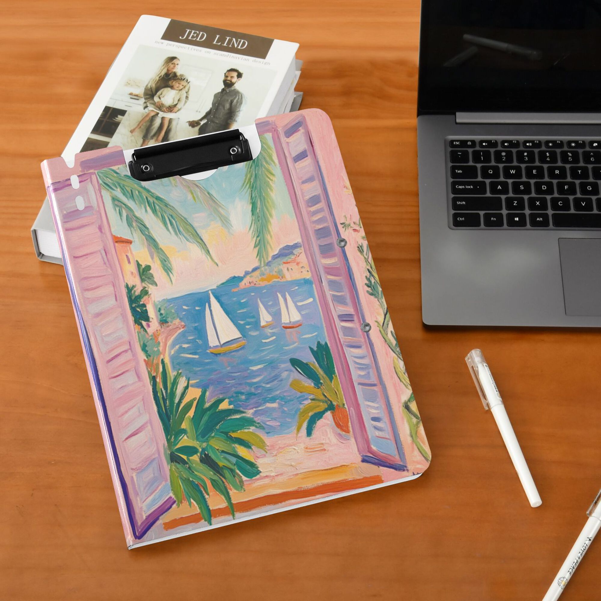 FORMRS A4 Clipboard Folder with Pen Holder Horizontal Foldable School Office Binder, Pink Seaside Boat
