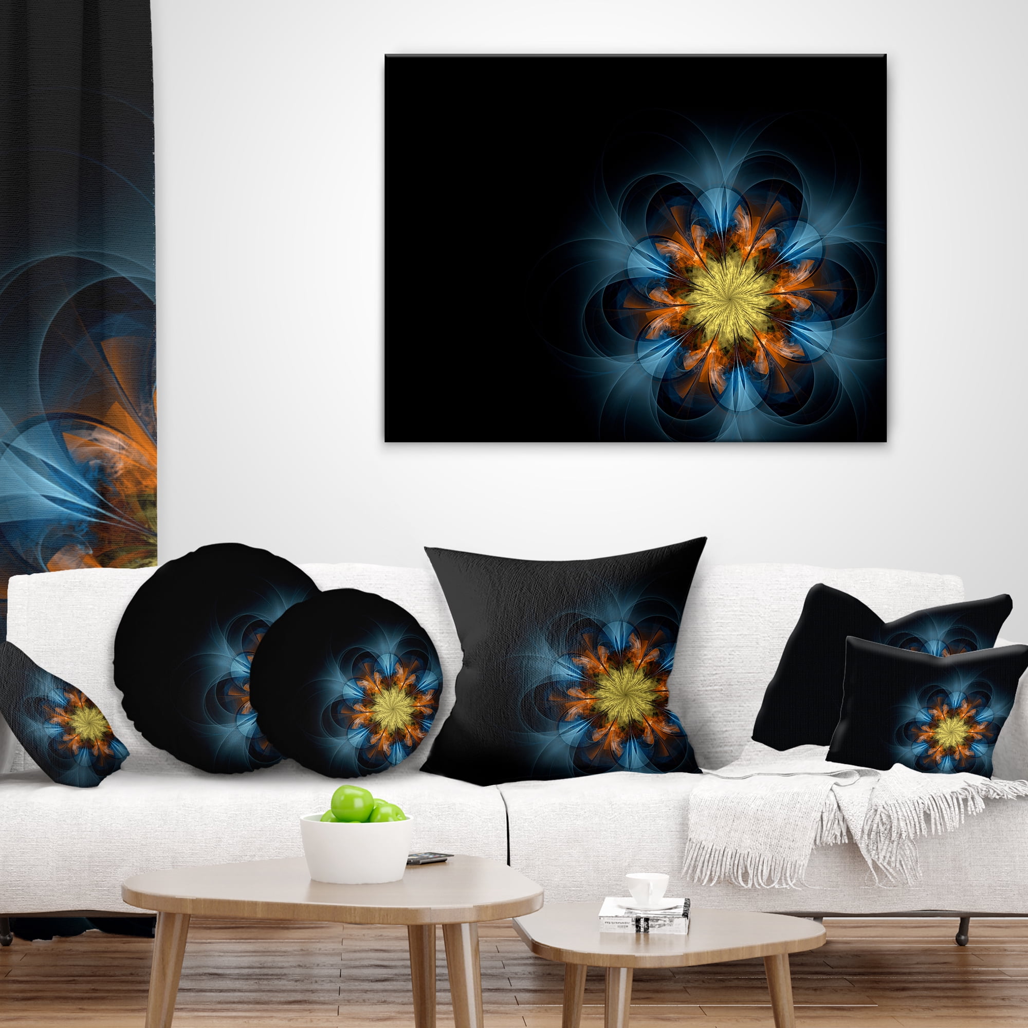 Designart Symmetrical Blue Orange Fractal Flower - Abstract Throw Pillow - 12x20