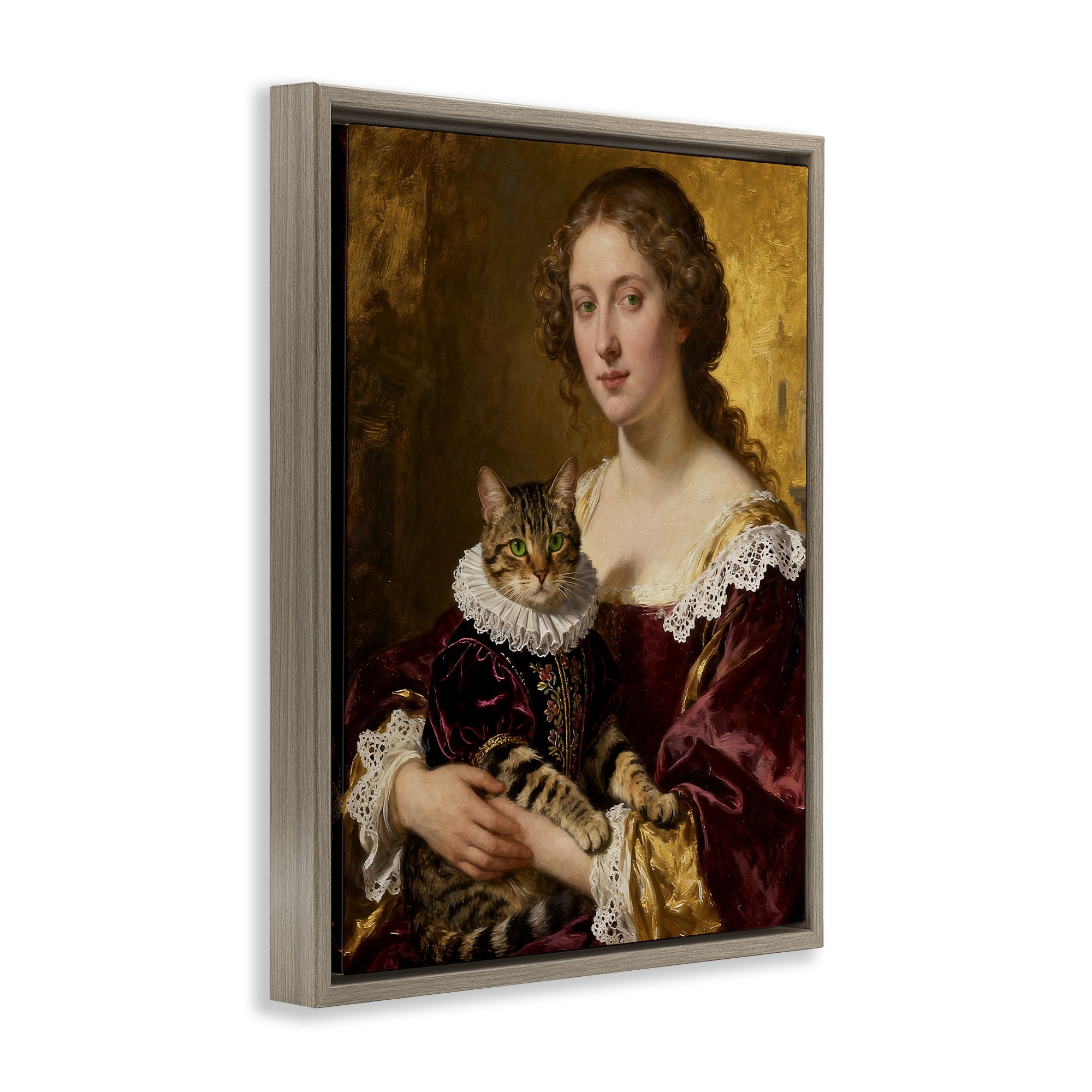 Stupell Industries Renaissance Lady with Regal Cat Brown Framed Floater Canvas Wall Art, design by CAD Designs