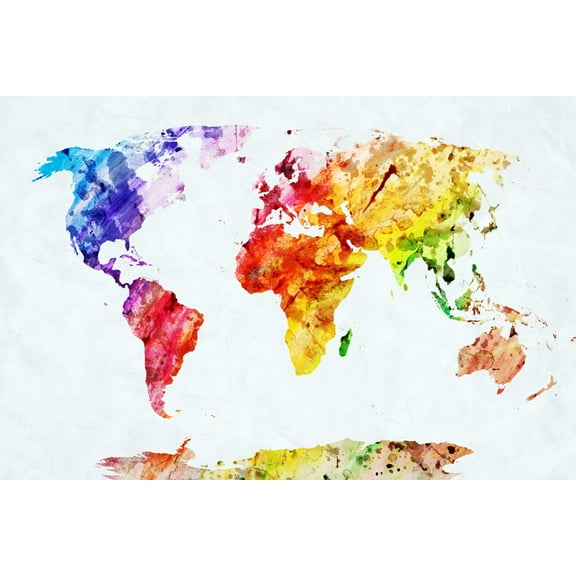 Art.com Watercolor World Map. Colorful Paint on White Paper. HD Quality Art Print by Michal Bednarek, 24" x 16"