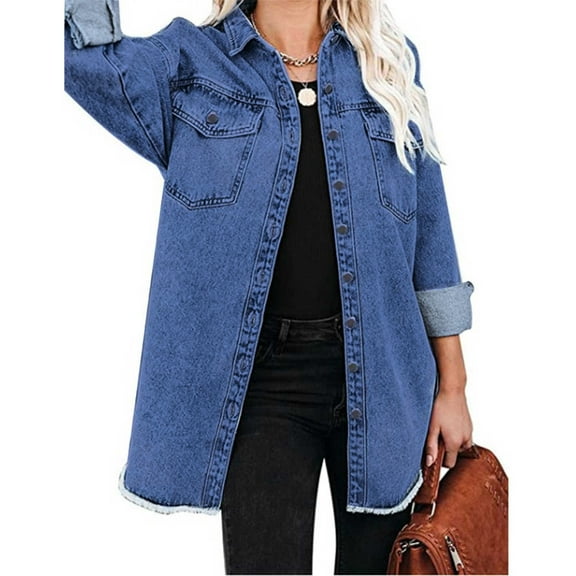 Qetyuw Oversized Denim Jacket Long Sleeve Distressed Boyfriend Jean Coat Button Down Lapel Jean Trucker Jacket for Women Girls
