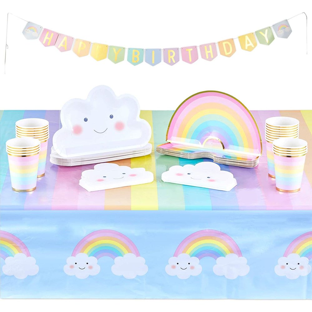 Serves 24 Rainbow Party Supplies Decorations with Banner, Tablecloth