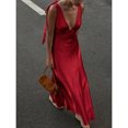 thumbnail image 5 of Red Satin Bow Strap Deep V-Neck Maxi Dress For Formal Events, Parties, Weddings, Galas, 5 of 8