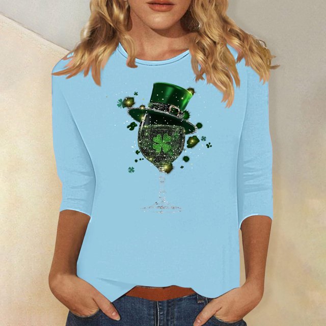 T-Shirts pour Femmes Imprimé Décontracté Col Rond Pull Manches Trois-Quarts T-Shirt Hauts Décontractés pour Femmes