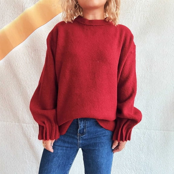 Ounisa Sweaters for Women Long Sleeve Round Neck Striped Knit Drop Shoulder Fall Jumper 2025 Henley Pullover