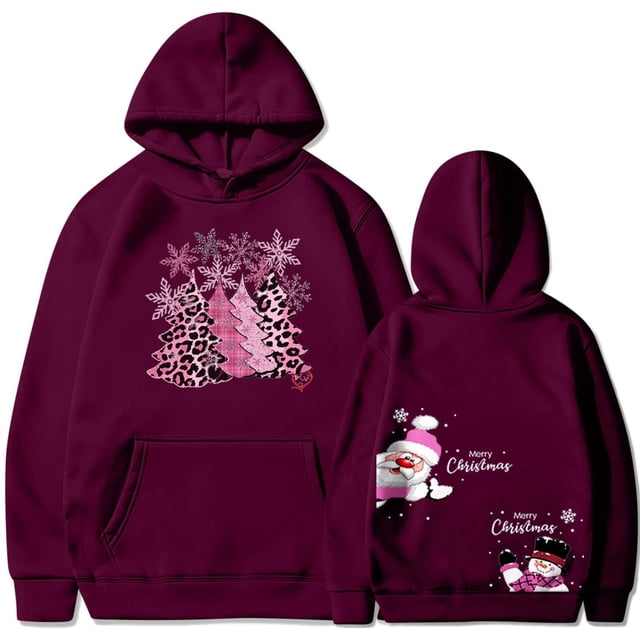 Wolfast Sweat à Capuche Imprimé de Noël pour Femmes, Imprimé devant et derrière, Manches Longues, Col Rond, Tendance, Vin, L
