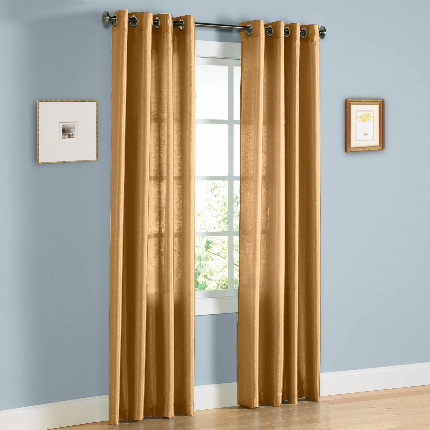 1 PANEL Nancy  SOLID GOLD  SEMI SHEER WINDOW FAUX SILK ANTIQUE BRONZE GROMMETS CURTAIN DRAPES 55 WIDE X 84" LENGTH
