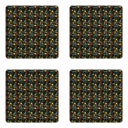 

Floral Coaster Set of 4 Scandinavian Art Style Sketch of Ornamental Flowers with Leaves Square Hardboard Gloss Coasters Standard Size Charcoal Grey and Multicolor by Ambesonne